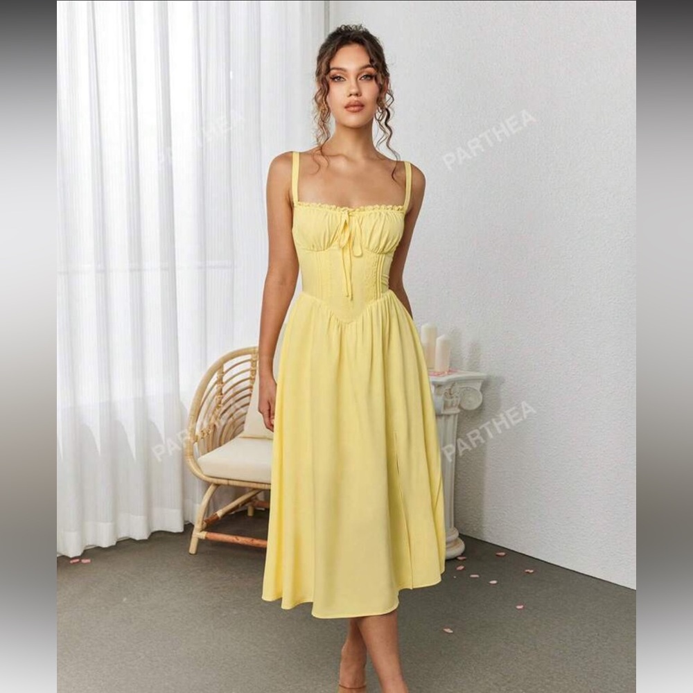 Yellow Ruched Smocked Midi Sundress